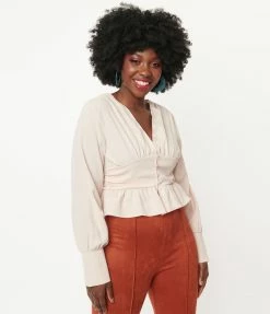 Honeypeach Beige Long Sleeve Peplum Crop Blouse Sale
