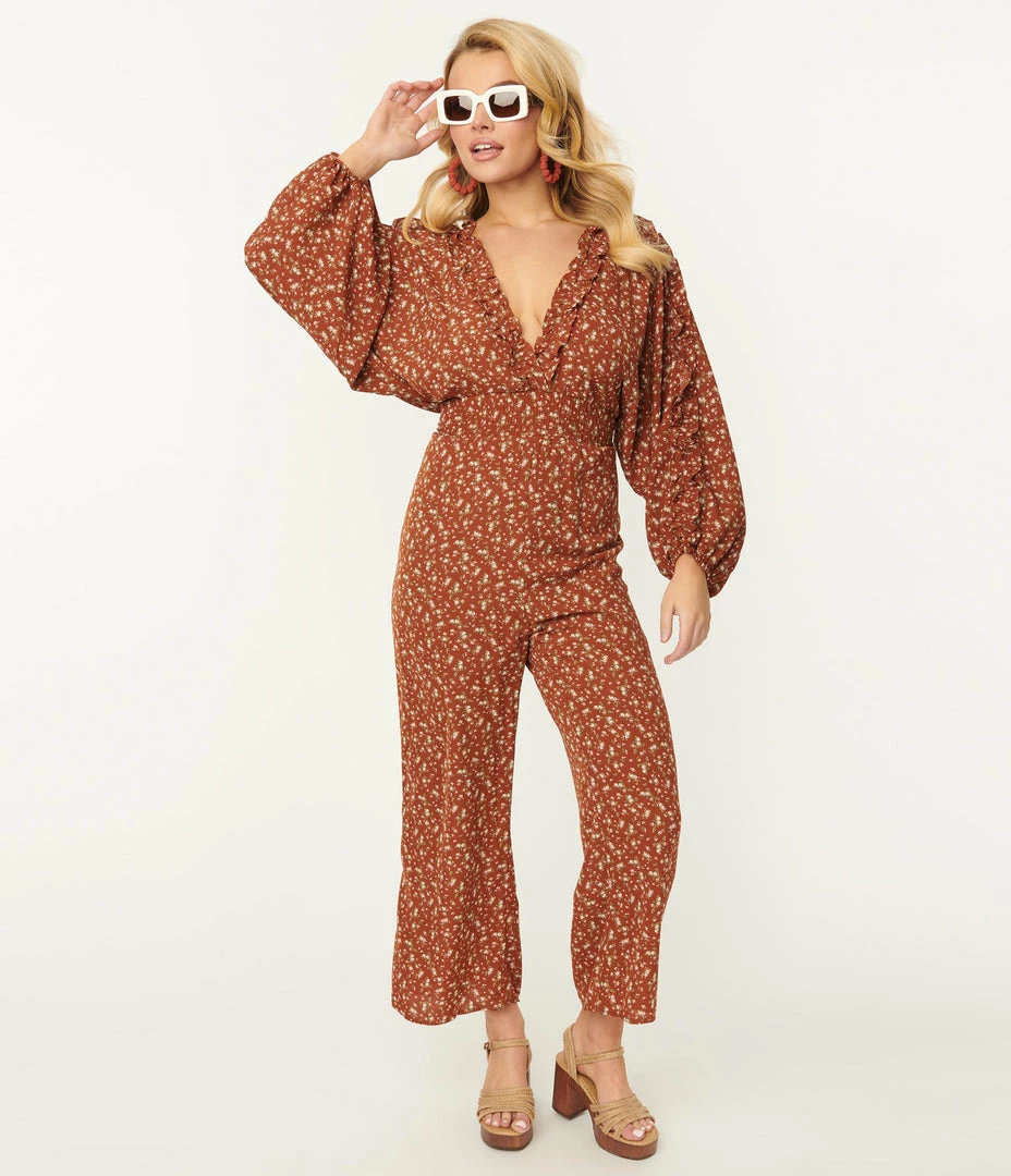Storia Rust Brown & Pink Ditzy Floral Jumpsuit