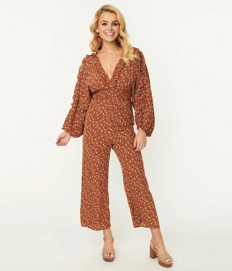 Storia Rust Brown & Pink Ditzy Floral Jumpsuit