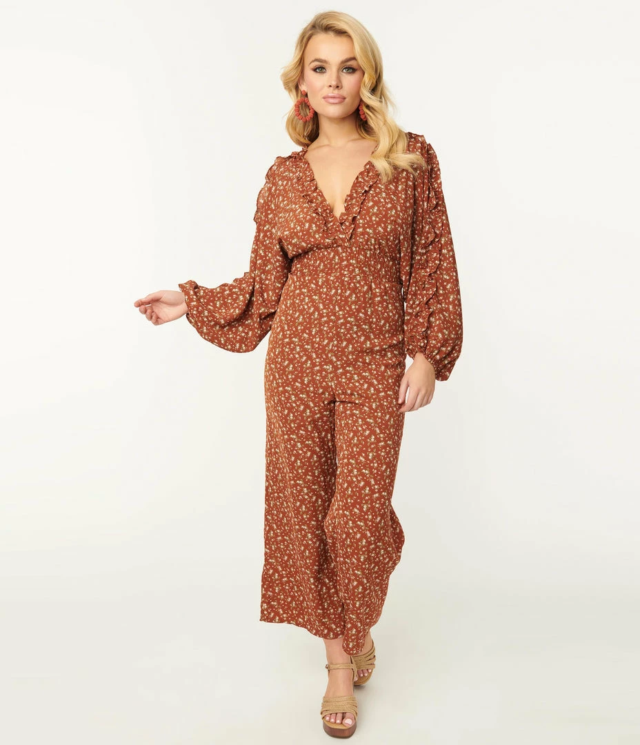 Storia Rust Brown & Pink Ditzy Floral Jumpsuit