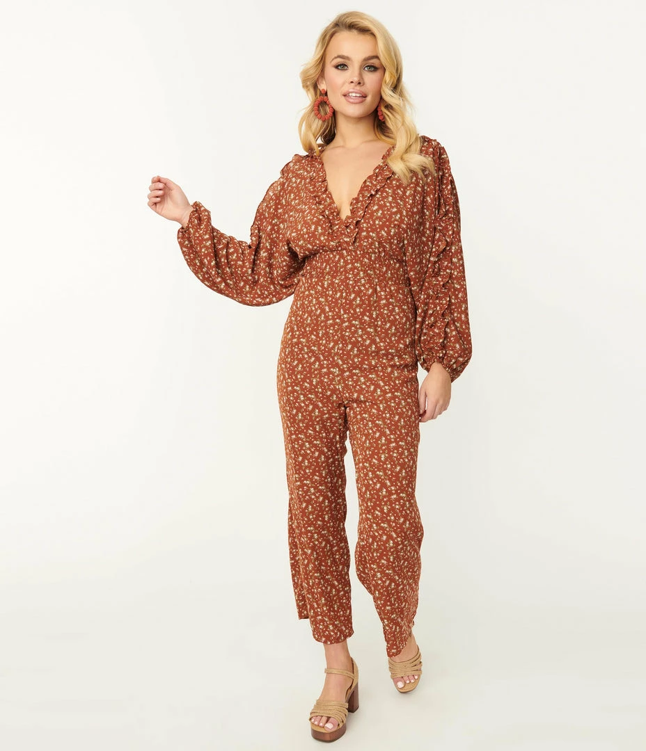 Storia Rust Brown & Pink Ditzy Floral Jumpsuit