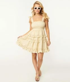 Storia Sale Light Yellow Gingham Smocked Flare Dress