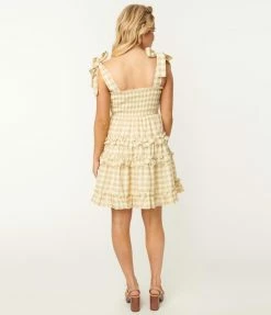 Storia Sale Light Yellow Gingham Smocked Flare Dress