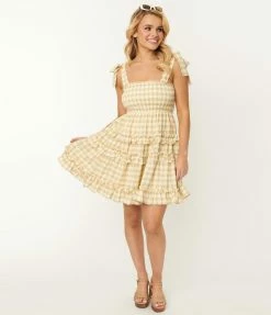 Storia Sale Light Yellow Gingham Smocked Flare Dress