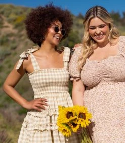 Storia Sale Light Yellow Gingham Smocked Flare Dress