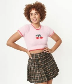 Pretty Garbage Pink & Red Cherry Ringer Fuzzy Sweater Sale