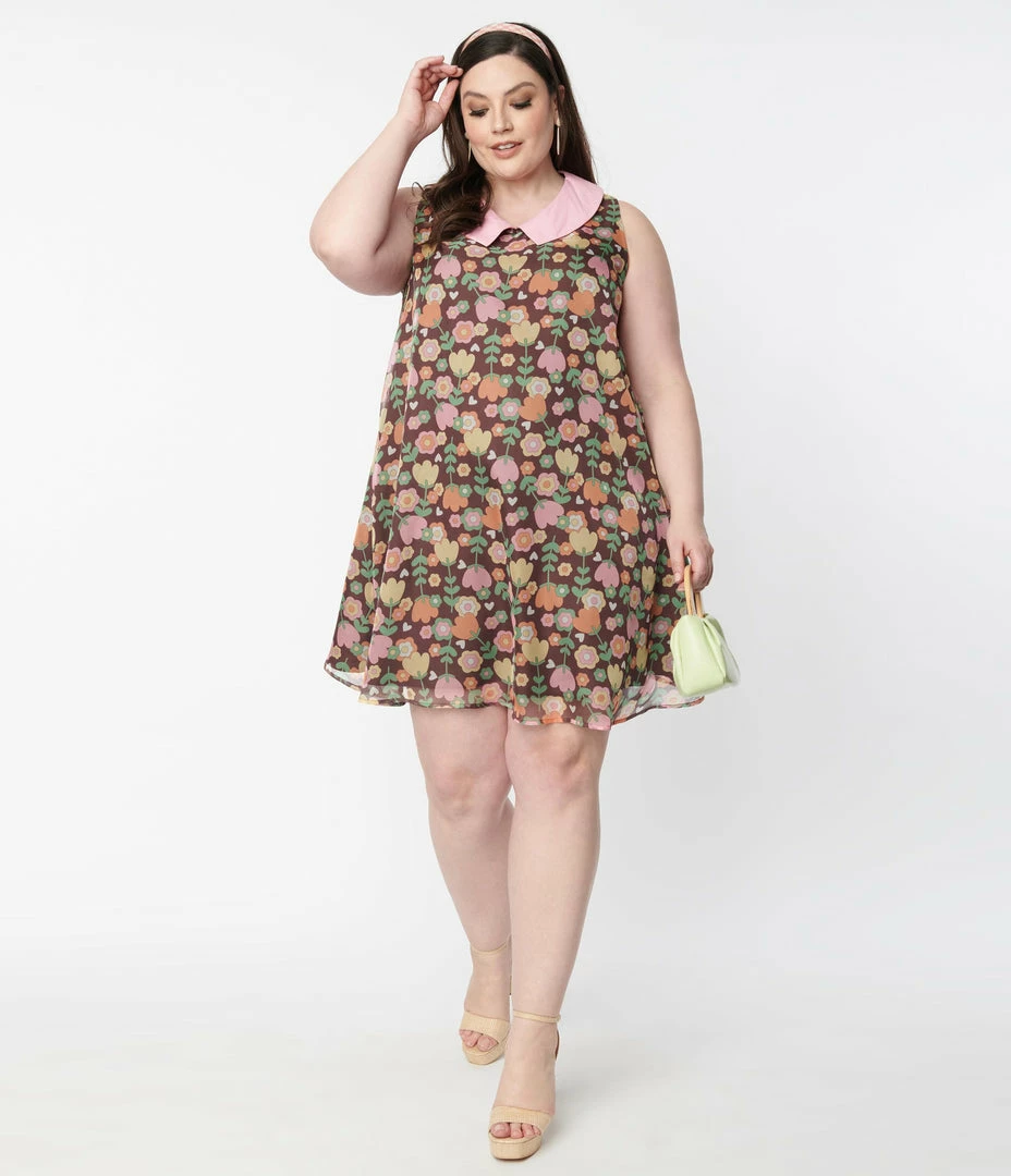 Smak Parlour Plus Size Brown & Pink Tulip Print Mini Dress Sale
