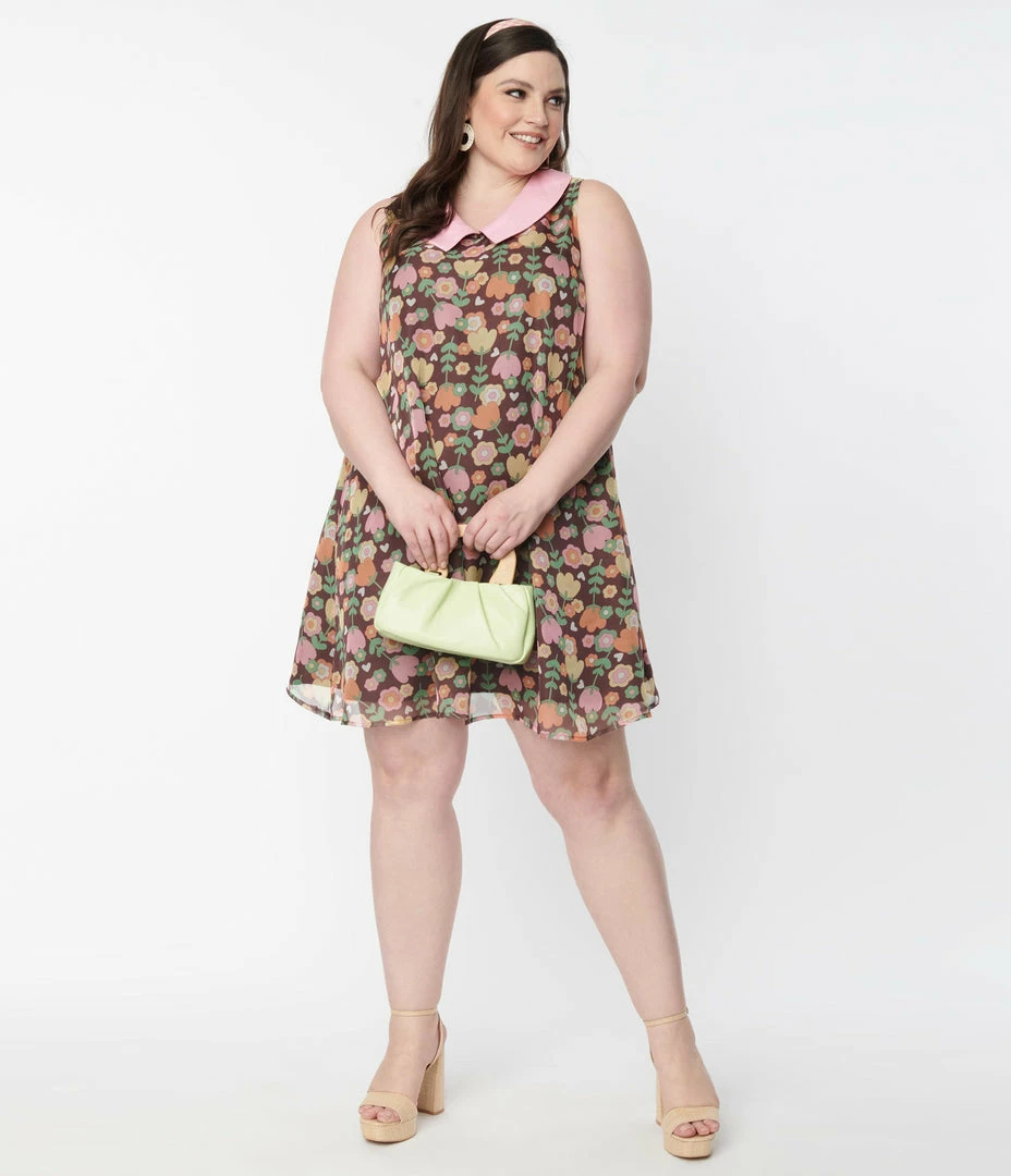 Smak Parlour Plus Size Brown & Pink Tulip Print Mini Dress Sale