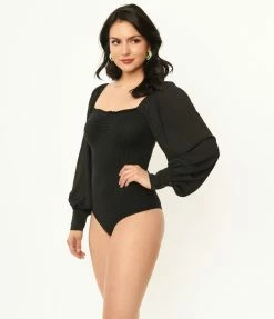 Unique Vintage Black Chiffon Sleeve Bodysuit