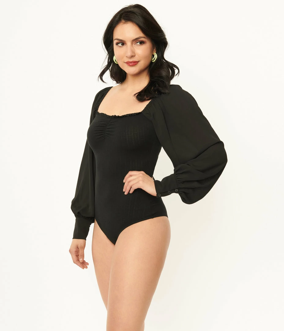 Unique Vintage Black Chiffon Sleeve Bodysuit