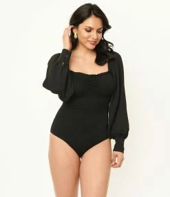 Unique Vintage Black Chiffon Sleeve Bodysuit