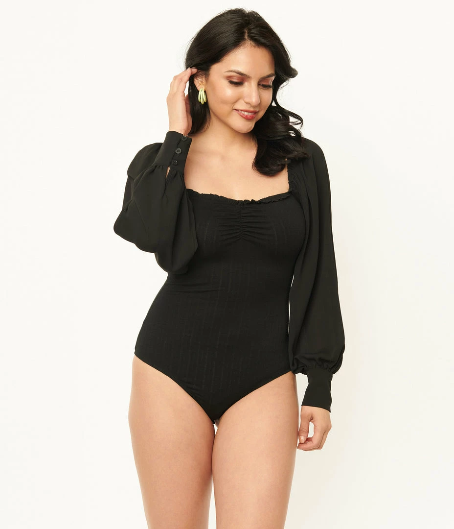 Unique Vintage Black Chiffon Sleeve Bodysuit
