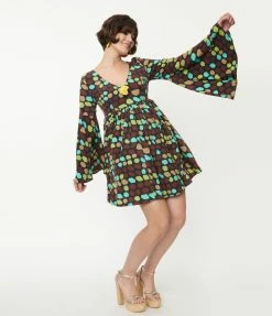 Smak Parlour Brown & Yellow Geometric Aura Babydoll Dress Sale