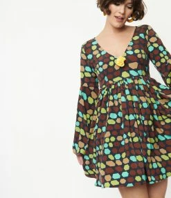 Smak Parlour Brown & Yellow Geometric Aura Babydoll Dress Sale