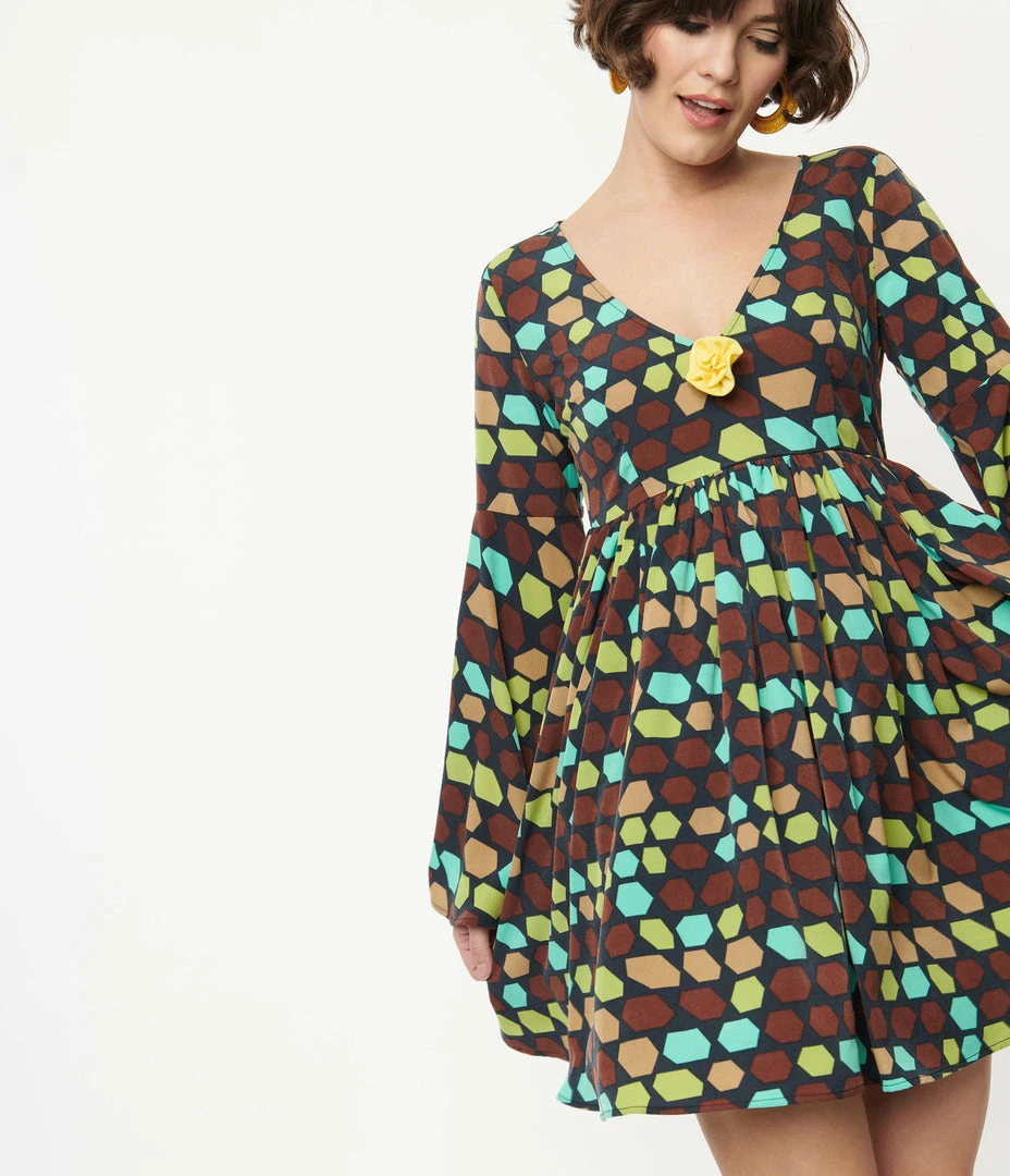 Smak Parlour Brown & Yellow Geometric Aura Babydoll Dress Sale