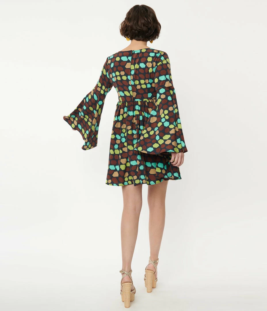 Smak Parlour Brown & Yellow Geometric Aura Babydoll Dress Sale