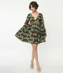 Smak Parlour Brown & Yellow Geometric Aura Babydoll Dress Sale