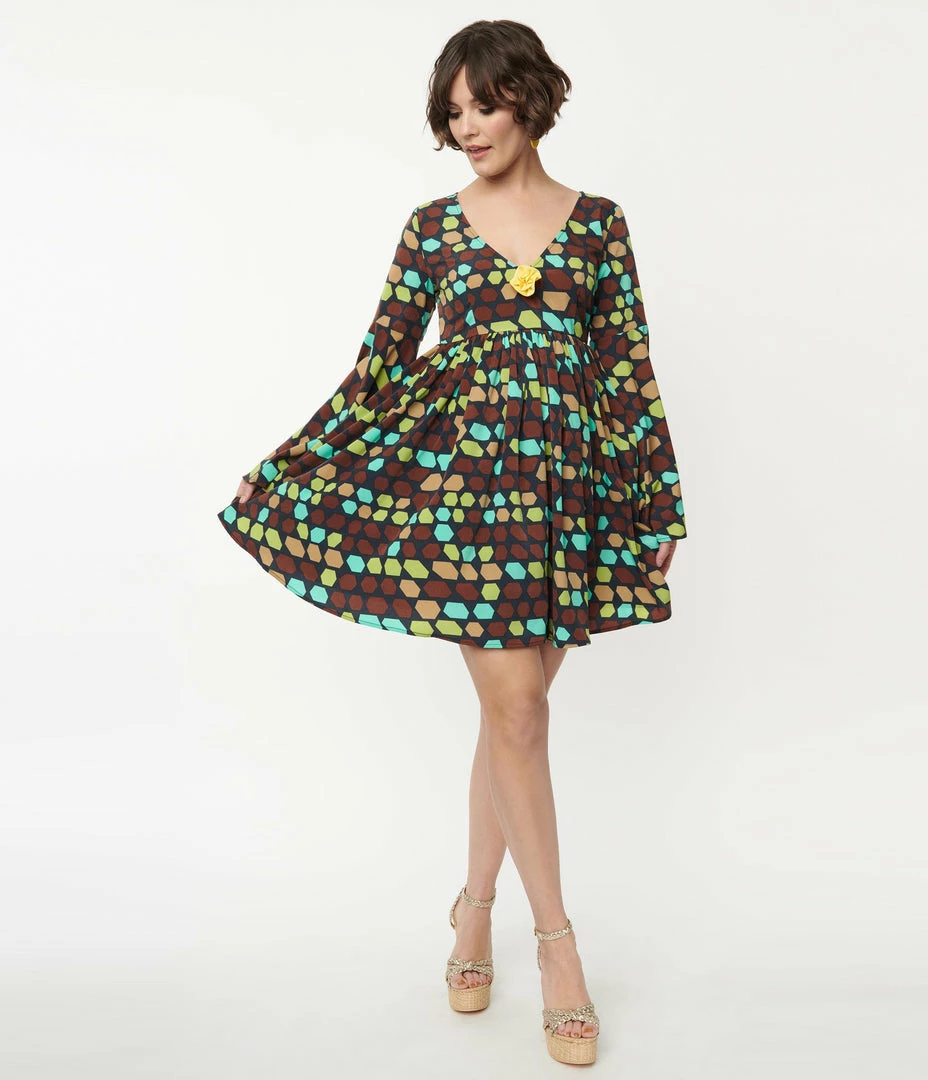 Smak Parlour Brown & Yellow Geometric Aura Babydoll Dress Sale