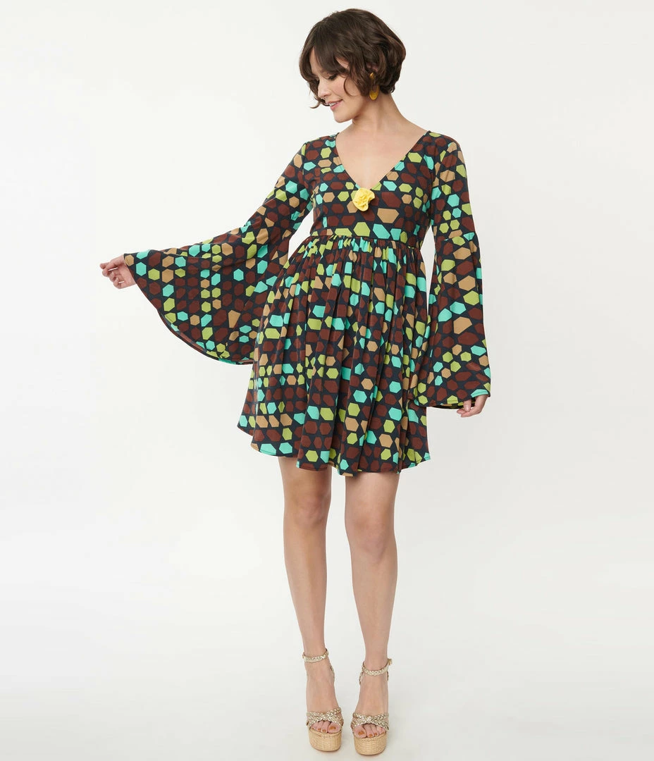 Smak Parlour Brown & Yellow Geometric Aura Babydoll Dress Sale