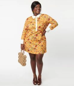 Smak Parlour Plus Size Mustard Garden Party Print Flare Dress