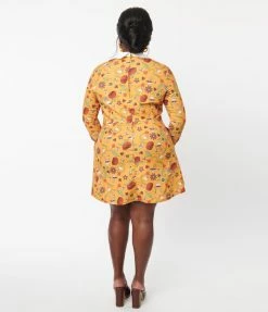 Smak Parlour Plus Size Mustard Garden Party Print Flare Dress