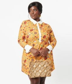 Smak Parlour Plus Size Mustard Garden Party Print Flare Dress