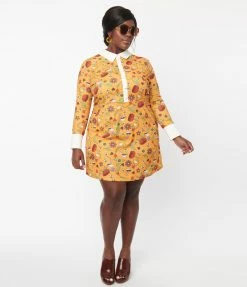 Smak Parlour Plus Size Mustard Garden Party Print Flare Dress