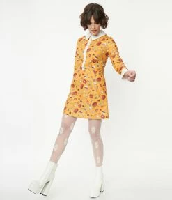 Smak Parlour Mustard Garden Party Print Flare Dress Sale