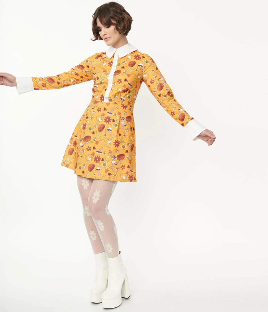 Smak Parlour Mustard Garden Party Print Flare Dress Sale