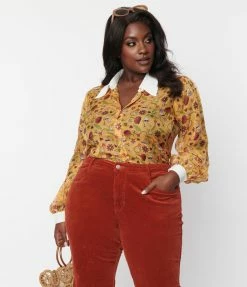 Sale Smak Parlour 1950s Plus Size Mustard Garden Party Print Blouse