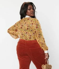 Sale Smak Parlour 1950s Plus Size Mustard Garden Party Print Blouse