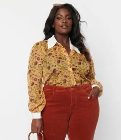 Sale Smak Parlour 1950s Plus Size Mustard Garden Party Print Blouse