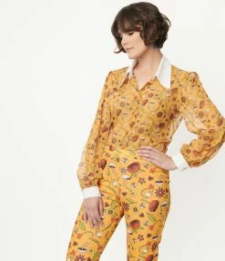 Smak Parlour 1950s Mustard Garden Party Print Blouse Sale