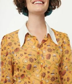 Smak Parlour 1950s Mustard Garden Party Print Blouse Sale
