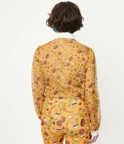 Smak Parlour 1950s Mustard Garden Party Print Blouse Sale