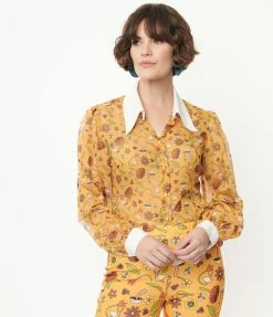 Smak Parlour 1950s Mustard Garden Party Print Blouse Sale