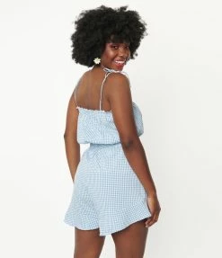 Pink Ripple Light Blue Gingham Romper