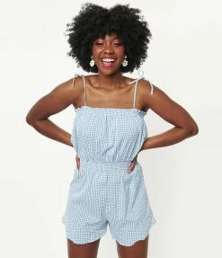 Pink Ripple Light Blue Gingham Romper