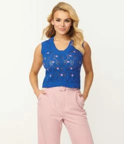 Pink Ripple Blue & Pink Flower Crochet Sweater Vest Sale