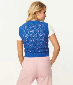 Pink Ripple Blue & Pink Flower Crochet Sweater Vest Sale