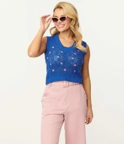 Pink Ripple Blue & Pink Flower Crochet Sweater Vest Sale