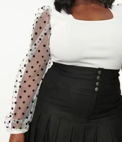 Lette Plus Size White Polka Dot Sheer Sleeve Top