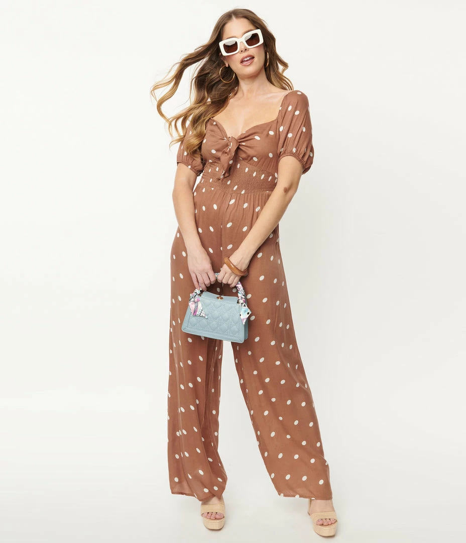 Dee Elly Sale Brown & White Polka Dot Jumpsuit