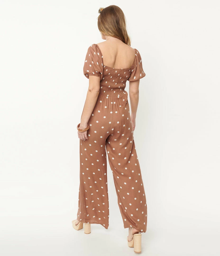 Dee Elly Sale Brown & White Polka Dot Jumpsuit