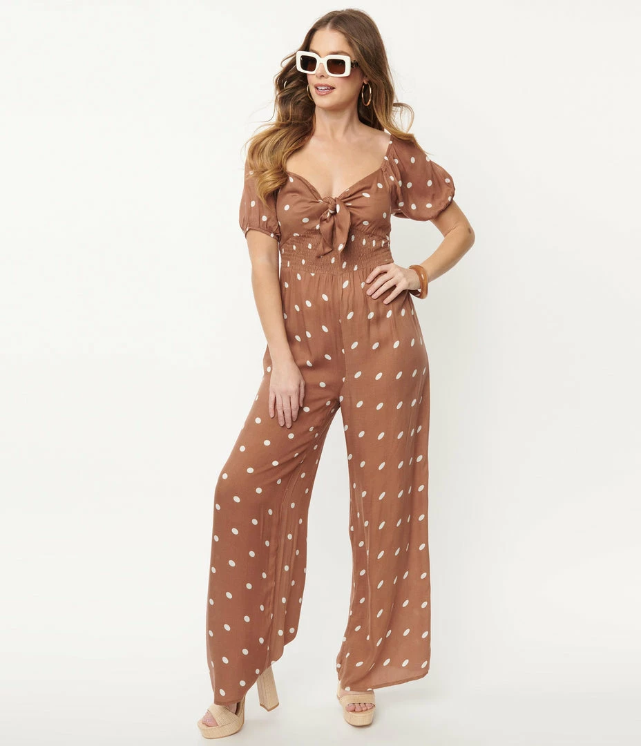 Dee Elly Sale Brown & White Polka Dot Jumpsuit