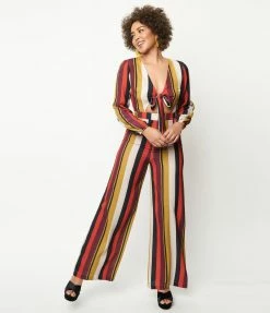 Dee Elly Red & Mustard Stripe Front Tie Jumpsuit Sale