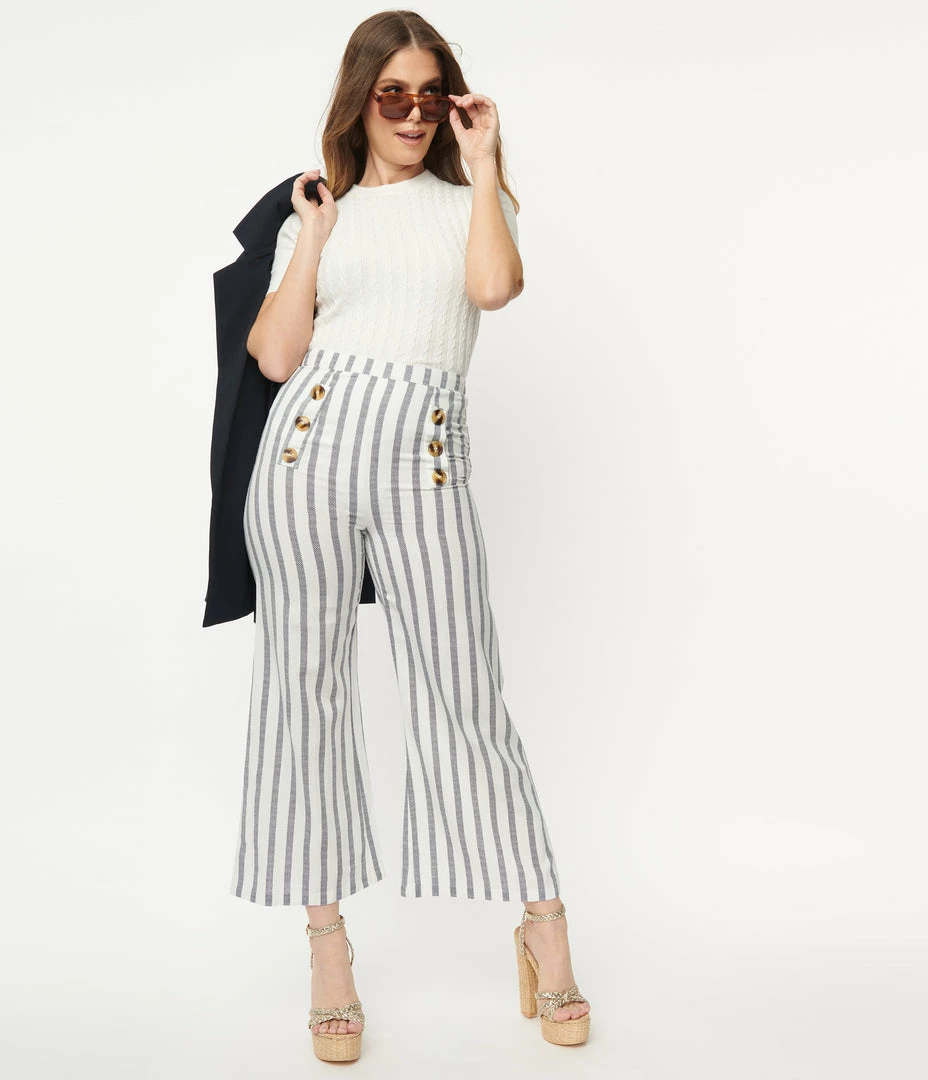 Skylar + Madison White & Navy Stripe Cropped Wide Leg Pants