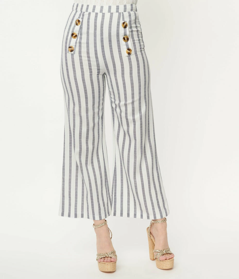 Skylar + Madison White & Navy Stripe Cropped Wide Leg Pants
