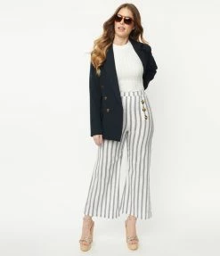 Skylar + Madison White & Navy Stripe Cropped Wide Leg Pants