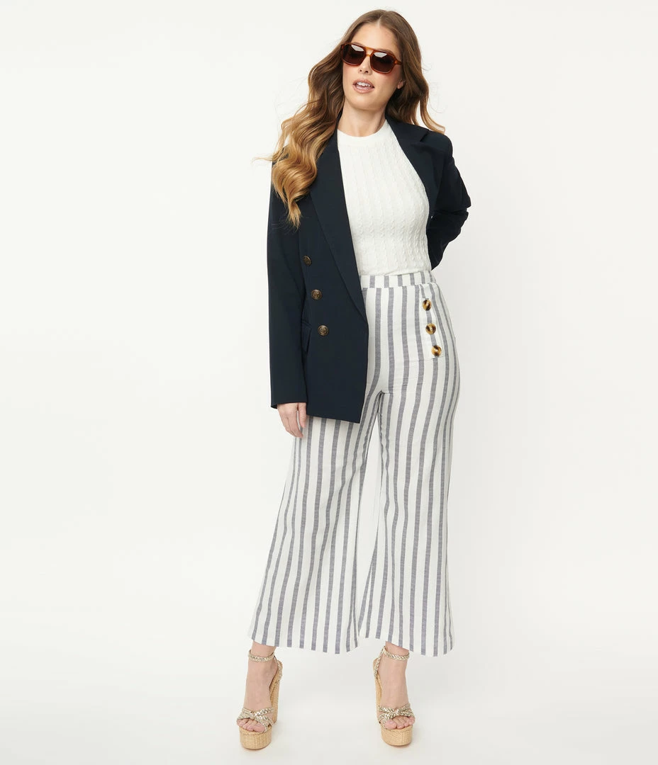 Skylar + Madison White & Navy Stripe Cropped Wide Leg Pants